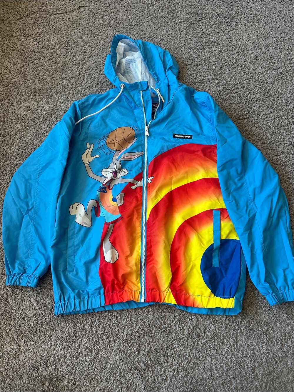 Members Only Bright Blue Windbreaker with Rainbow Target and Bugs Bunny